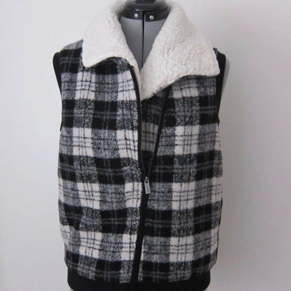SPLENDID BLACK AND WHITE PLAID ZIP UP WOOL BLEND VEST - SIZE SMALL
